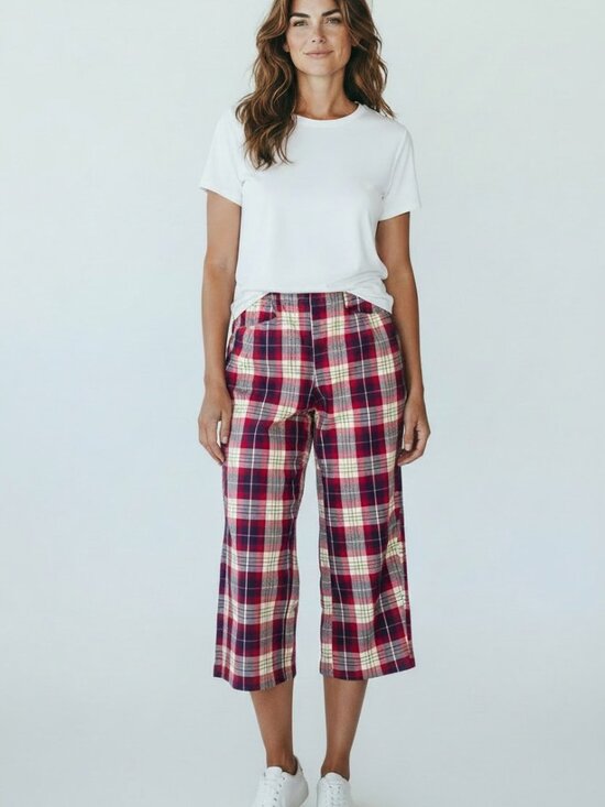 Free People Pants - Free People Plaid Wide Leg Pull On Crop Pants Pink Red